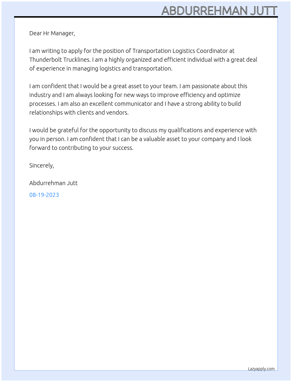 Transportation Logistics Coordinator At Thunderbolt Trucklines Cover Letter