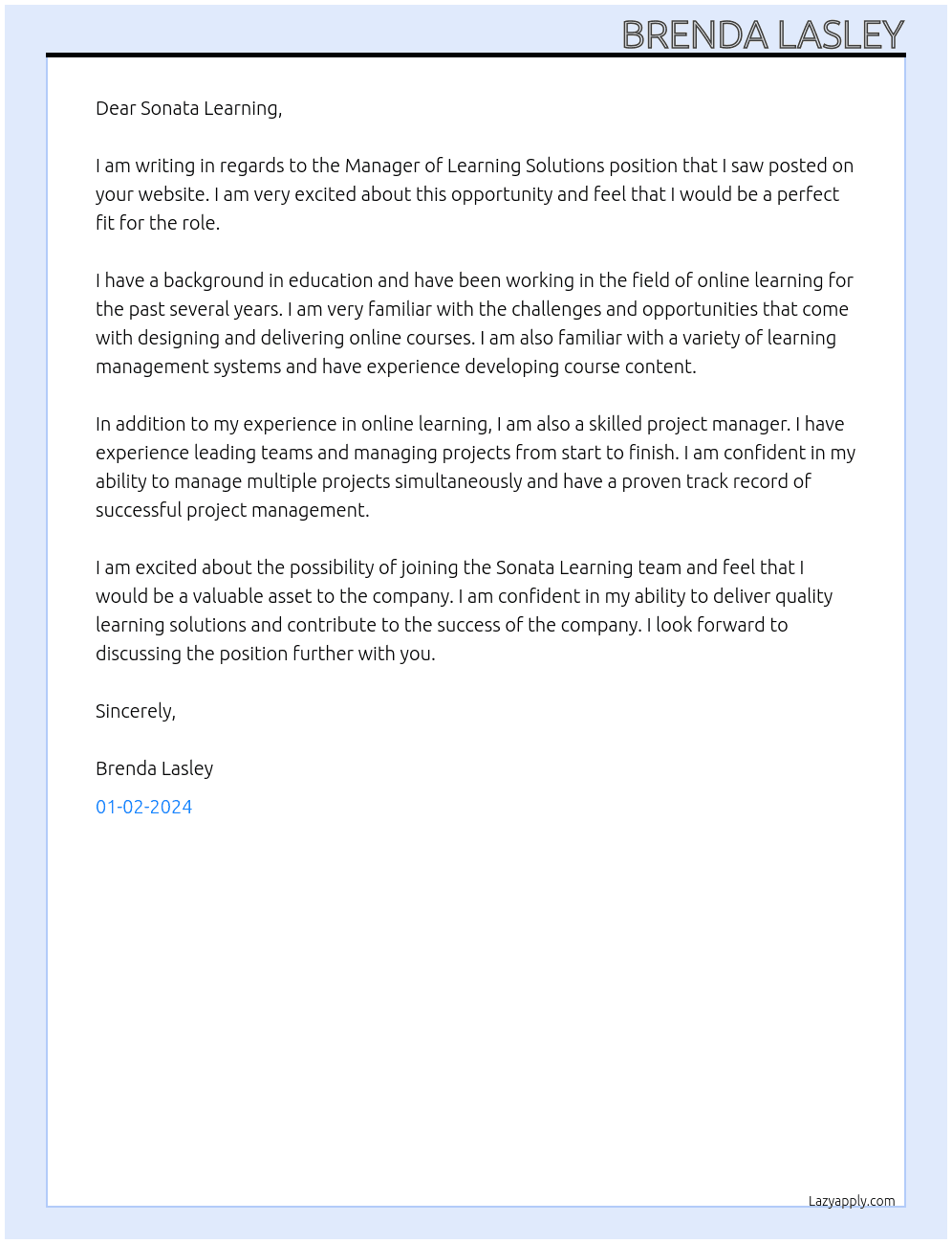 Manager of Learning Solutions  At Sonata Learning  Cover Letter