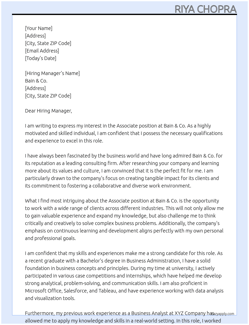 Associate At Bain & Co. Cover Letter