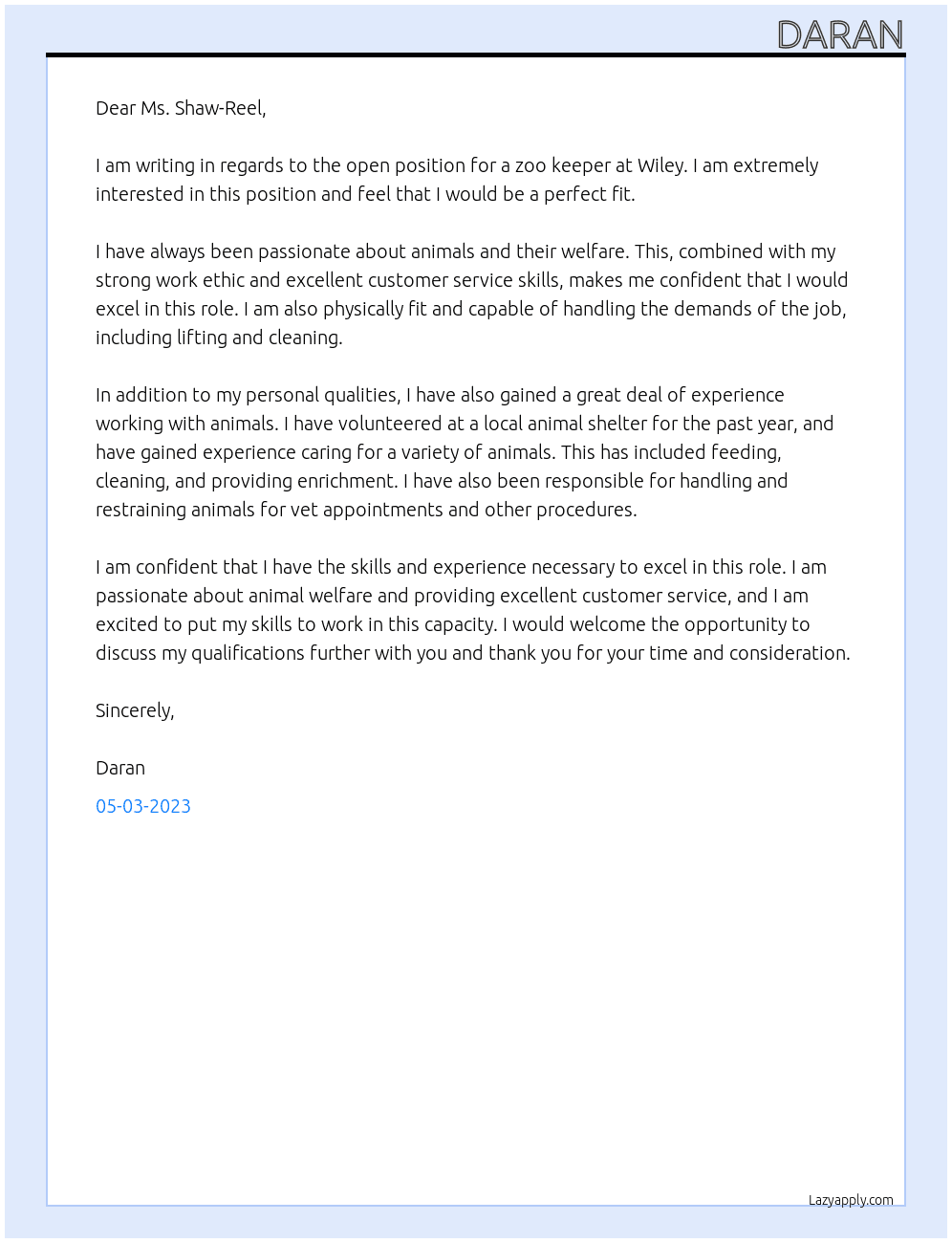 zoo keeper At Wiley Cover Letter