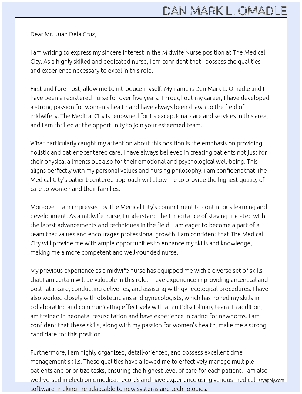 Midwife Nurse At The Medical City Cover Letter