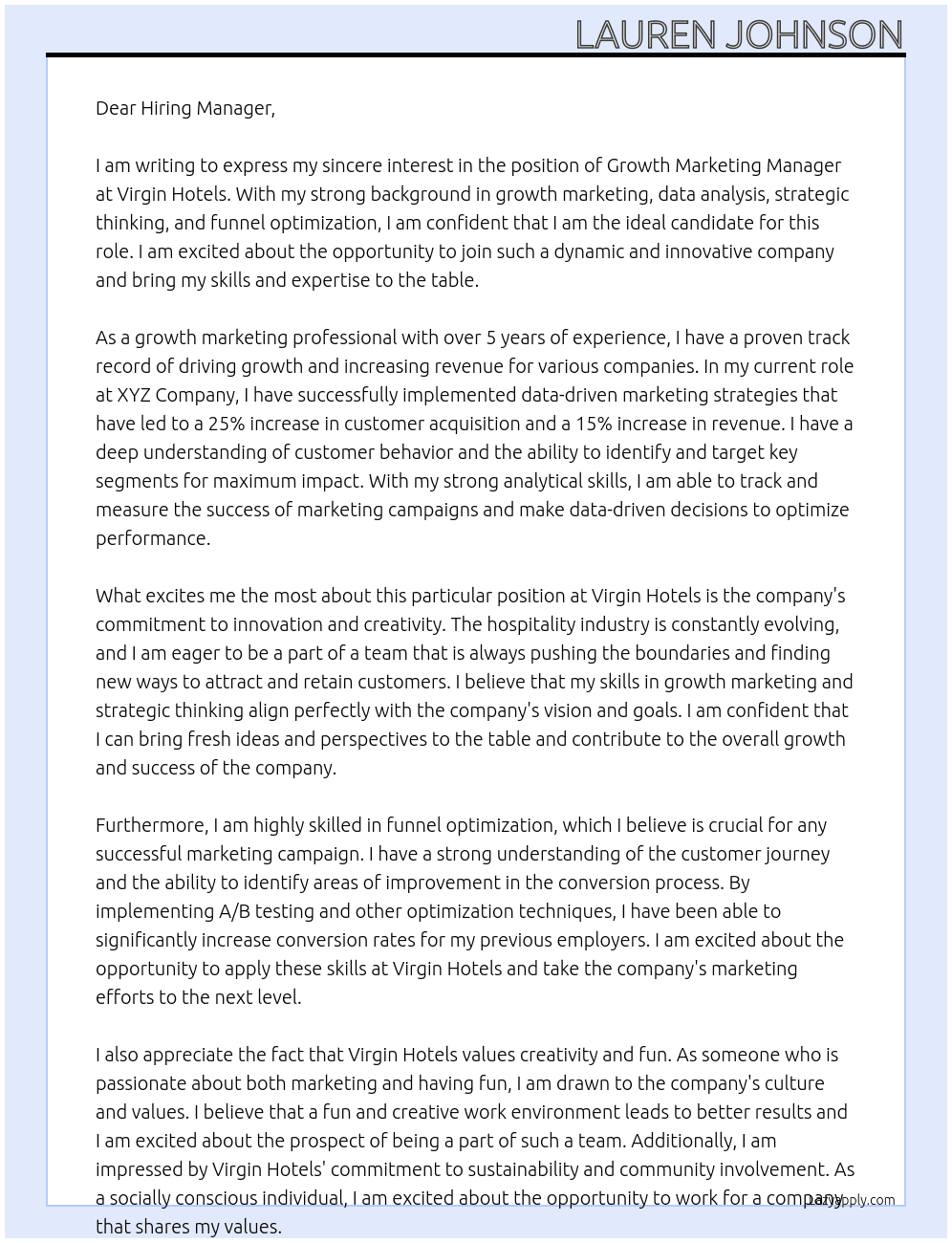 Growth Marketing Manager  At Virgin Hotels Cover Letter