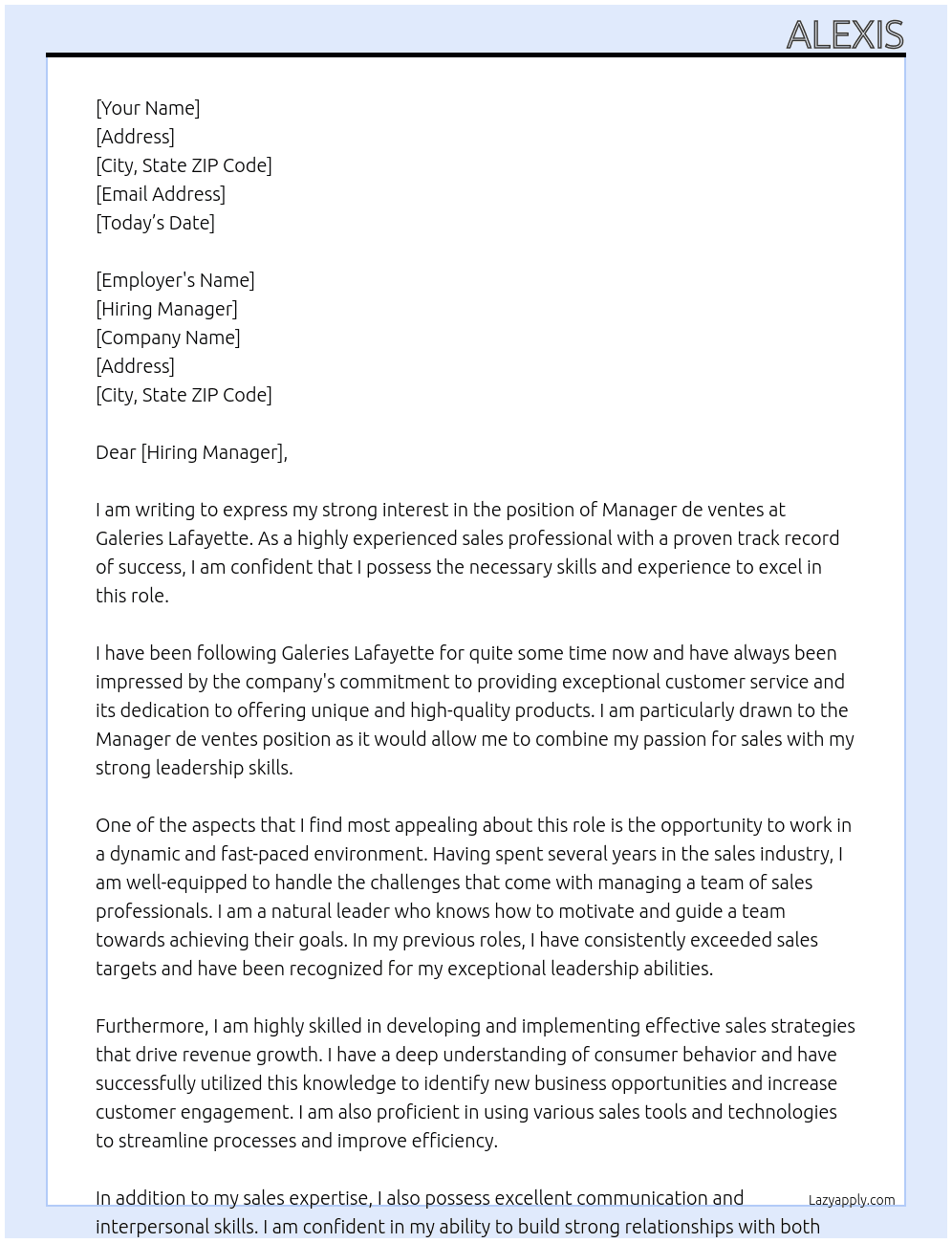 Manager de ventes At Galeries Lafayette Cover Letter