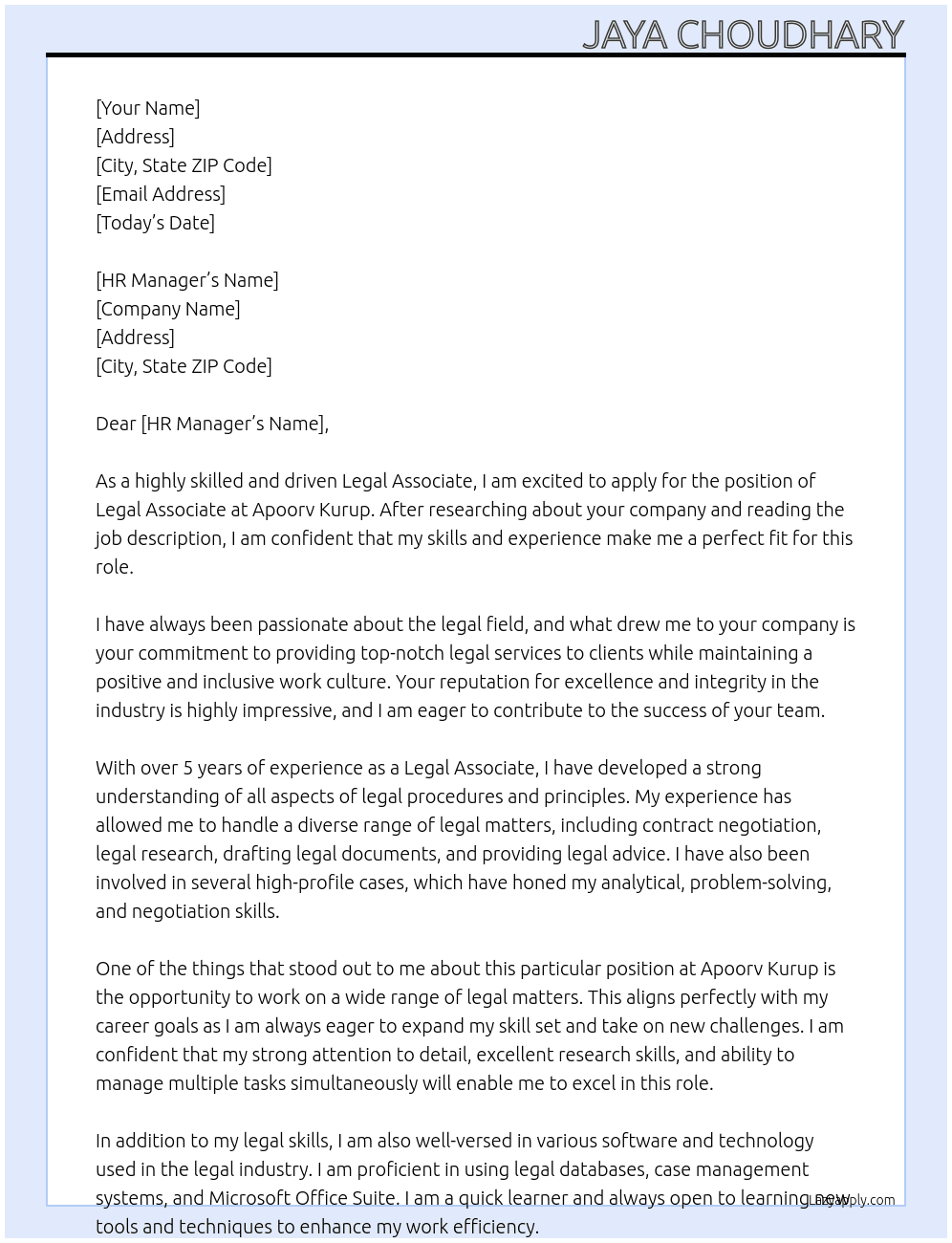 Legal Associate At Apoorv Kurup Cover Letter