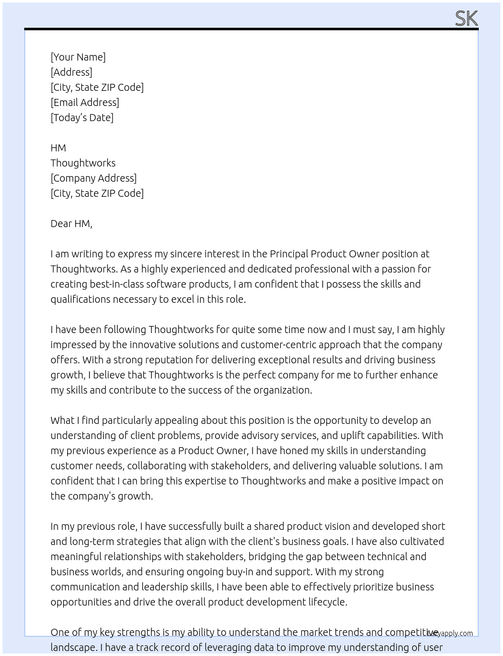 Principal Product Owner At Thought works Cover Letter