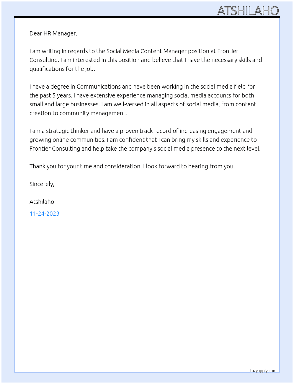 Social Media Content Manager At Frontier Consulting Cover Letter