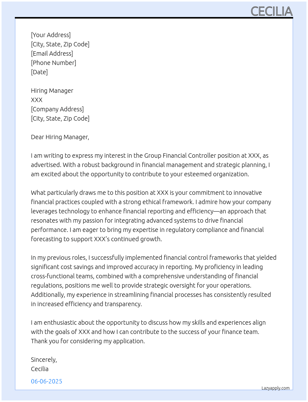 Cover letter for group financial controller - LazyApply
