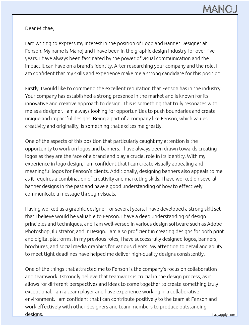Logo and banner designer At Fenson Cover Letter