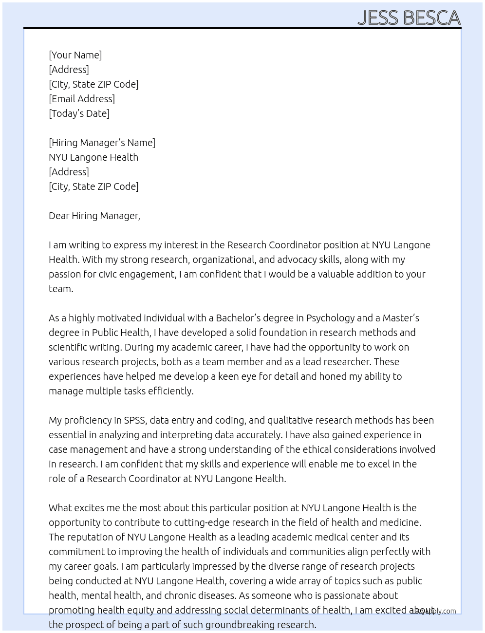 Research Coordinator At NYU Langone Health Cover Letter