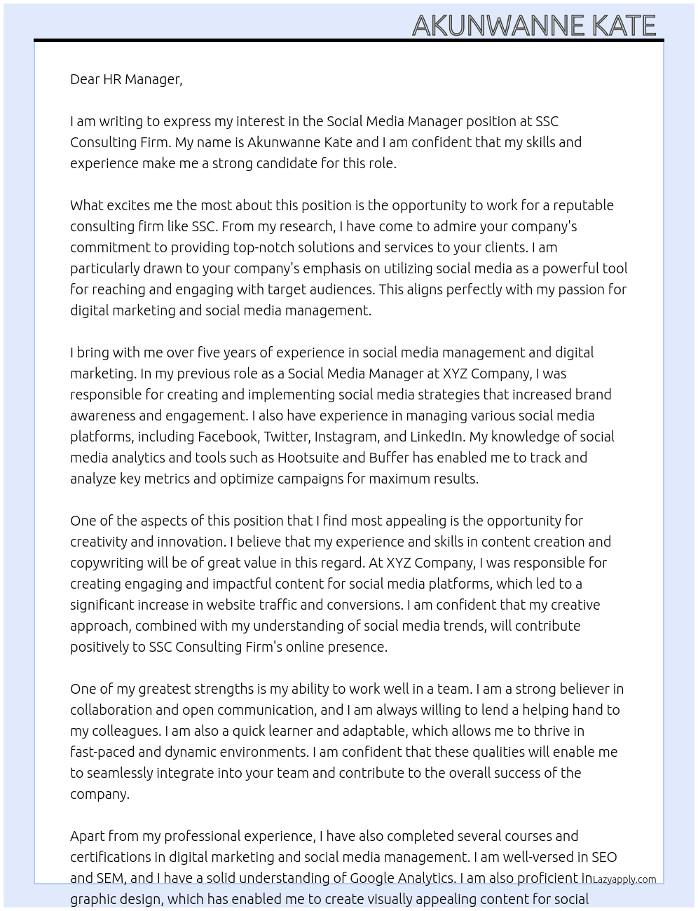 Social media manager  At SSC consulting firm  Cover Letter