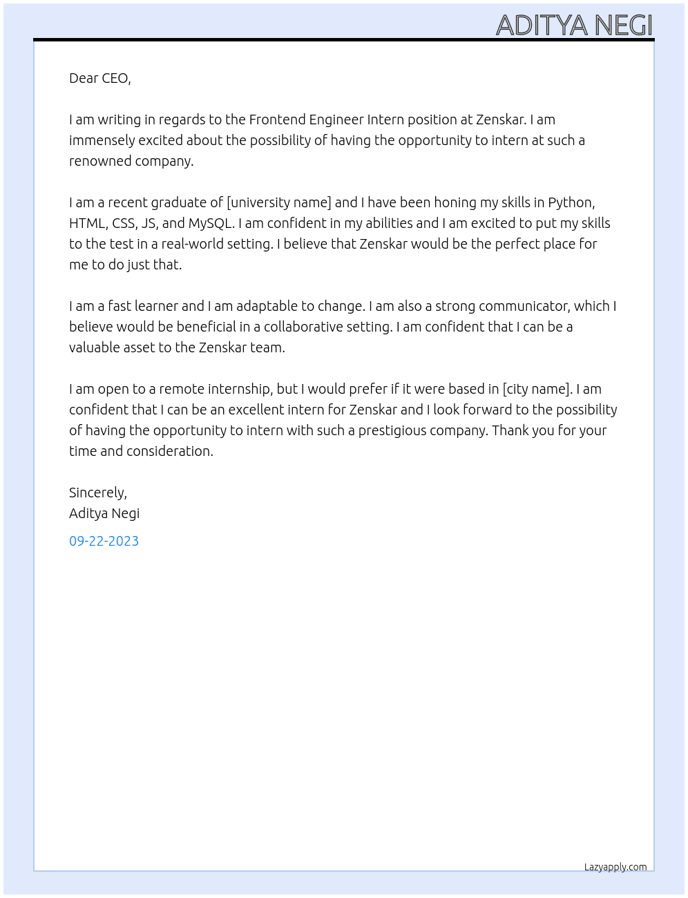 Frontend Engineer Intern At Zenskar Cover Letter