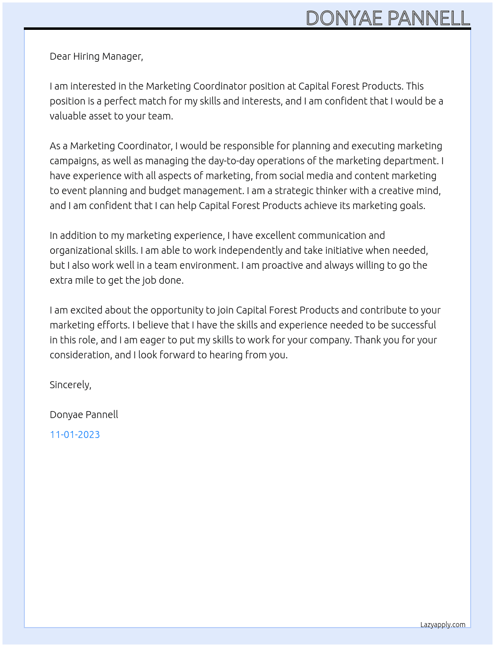 Marketing Coordinator At Capital Forest Products Cover Letter