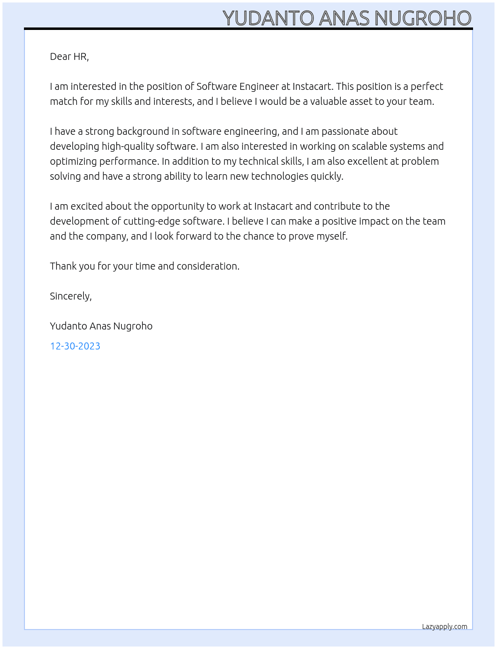 Software Engineer At Instacart Cover Letter