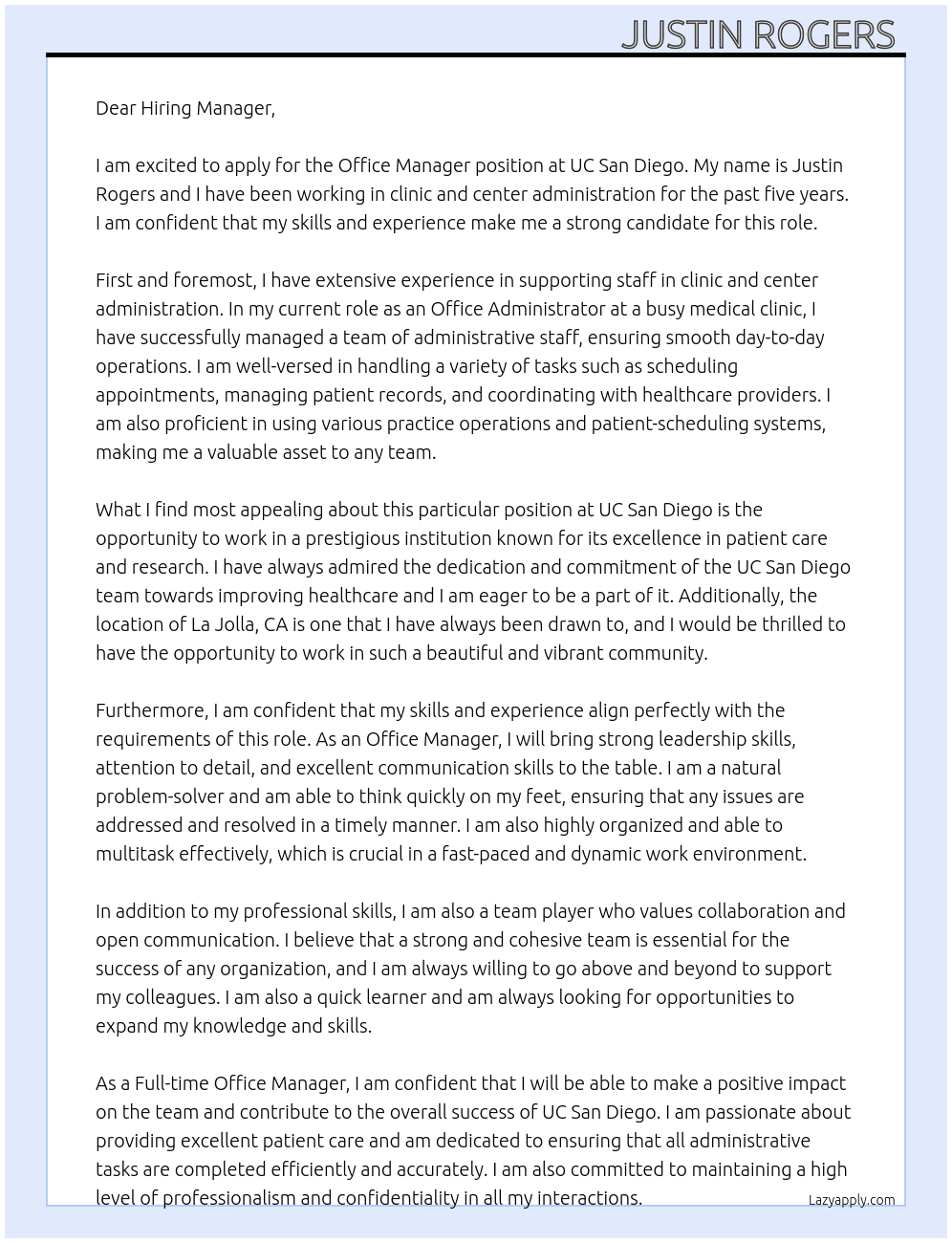 Office Manager  At UC Sapn Diego  Cover Letter