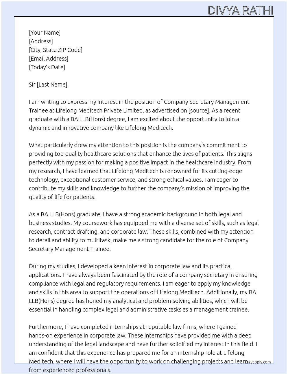 company secretary management trainee At lifelong meditech private limited Cover Letter