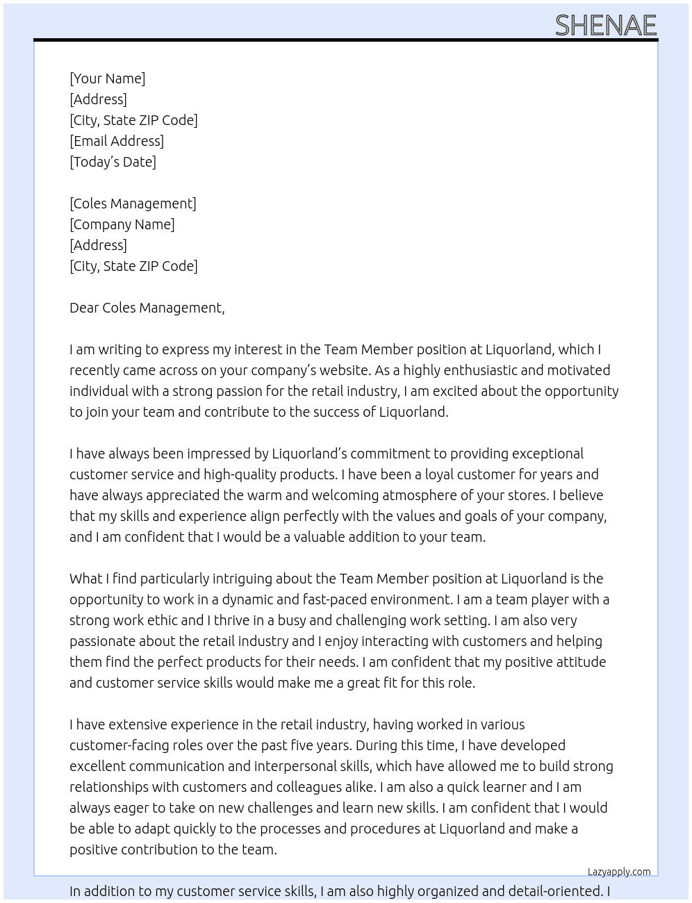 Team member At Liquorland Cover Letter