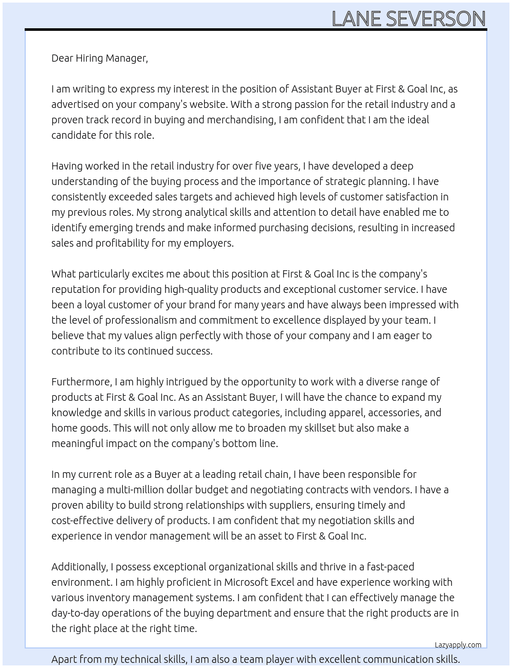 assistant buyer At First & Goal Inc Cover Letter
