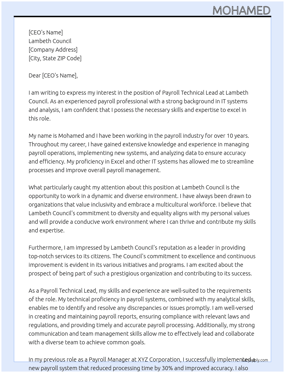 Payroll Technical Lead At Lambeth Council Cover Letter