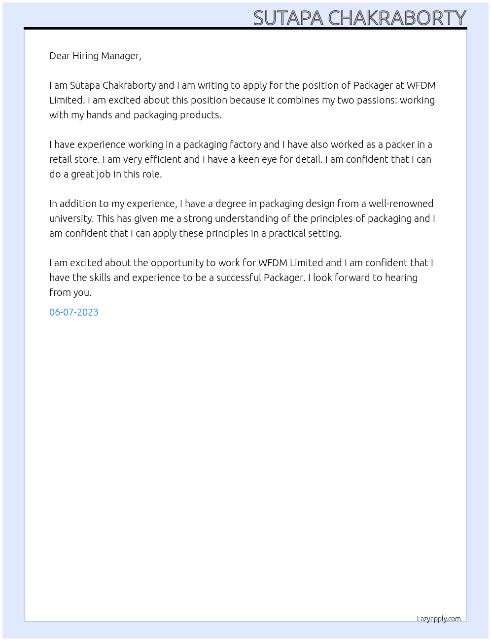 Packager At WFDM LIMITED Cover Letter