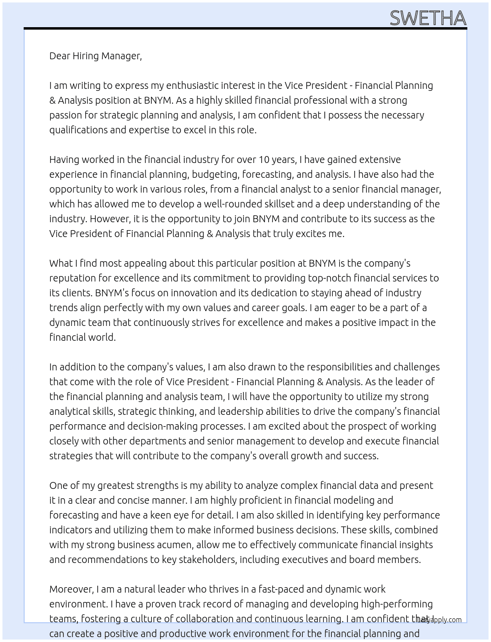 vice president - financial planning & analysis At bnym Cover Letter