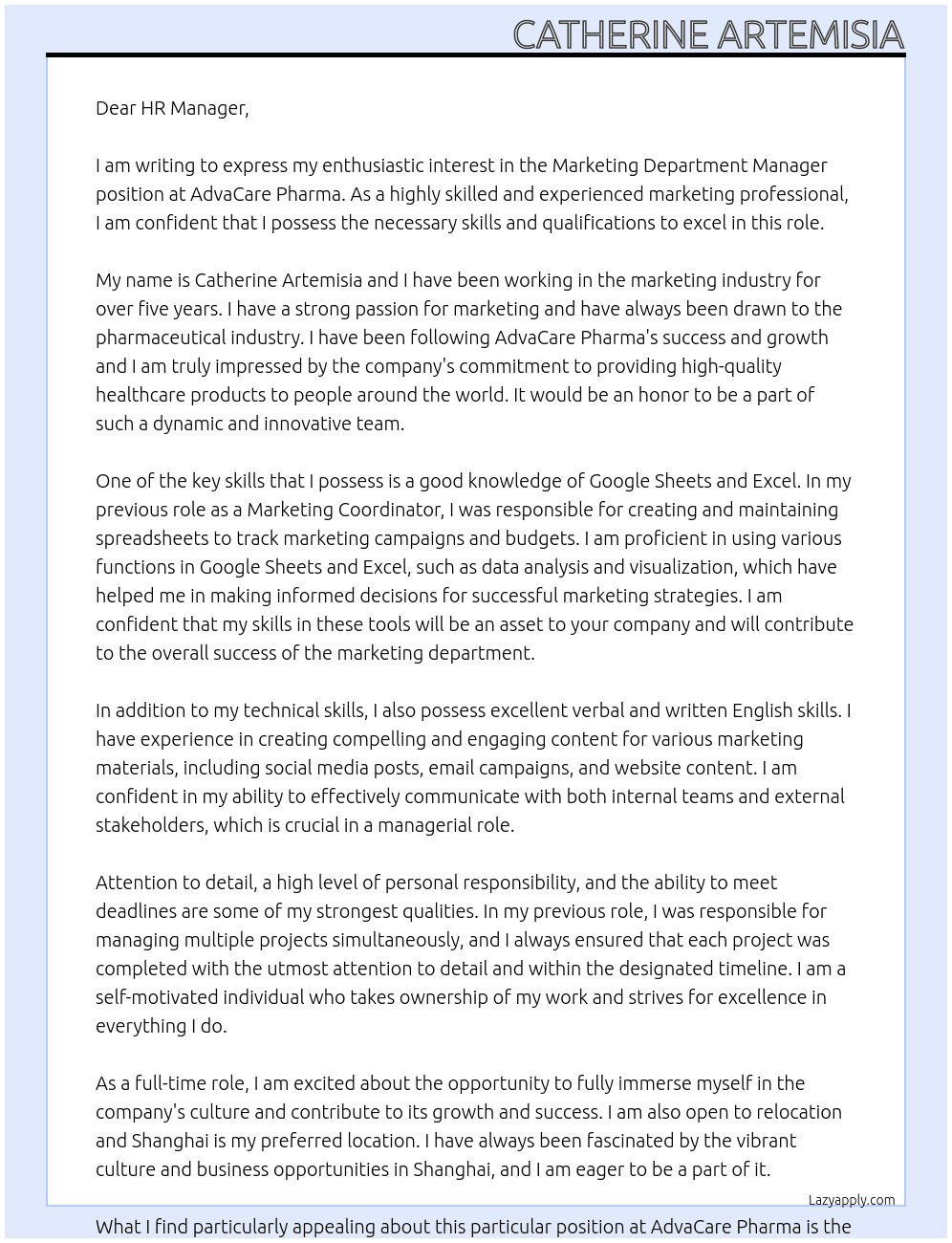 Marketing Dept. Manager At AdvaCare Pharma Cover Letter