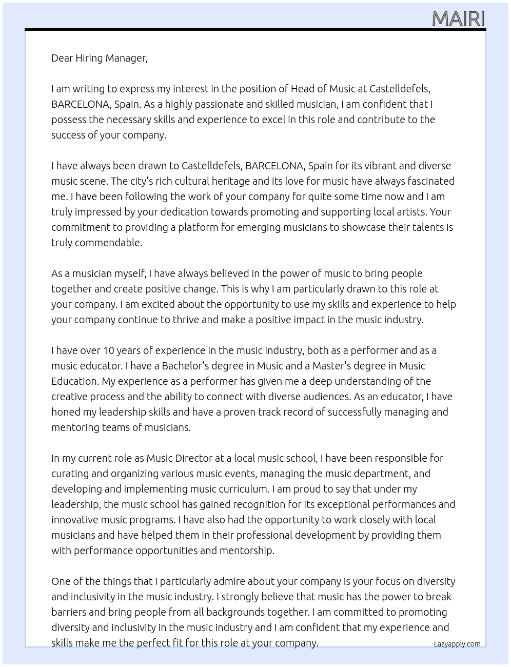 Head of Music At Castelldefels, BARCELONA, Spain Cover Letter
