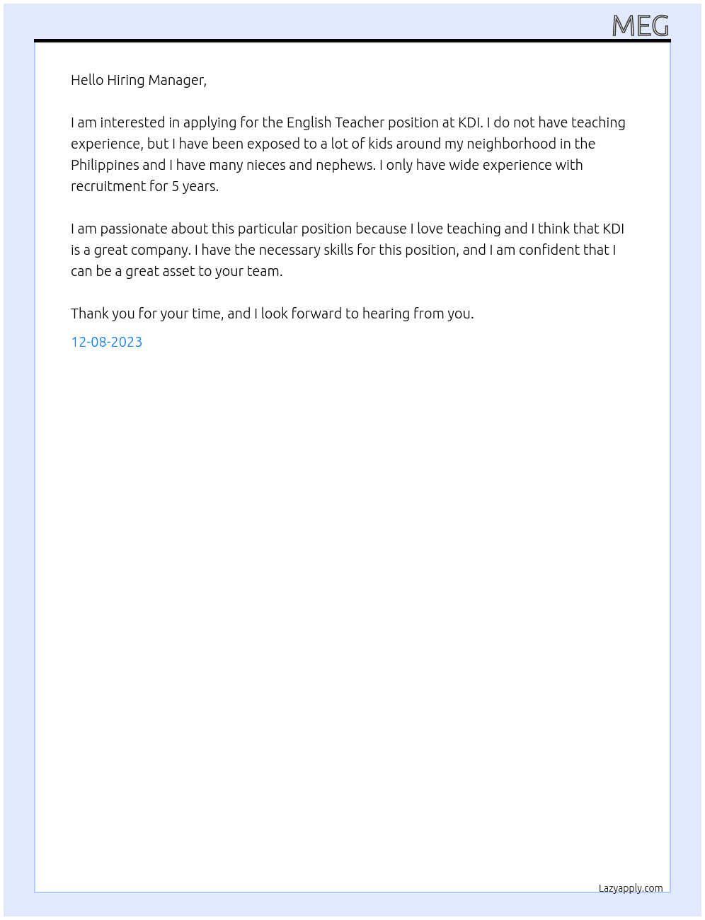 English Teacher At KDI Cover Letter