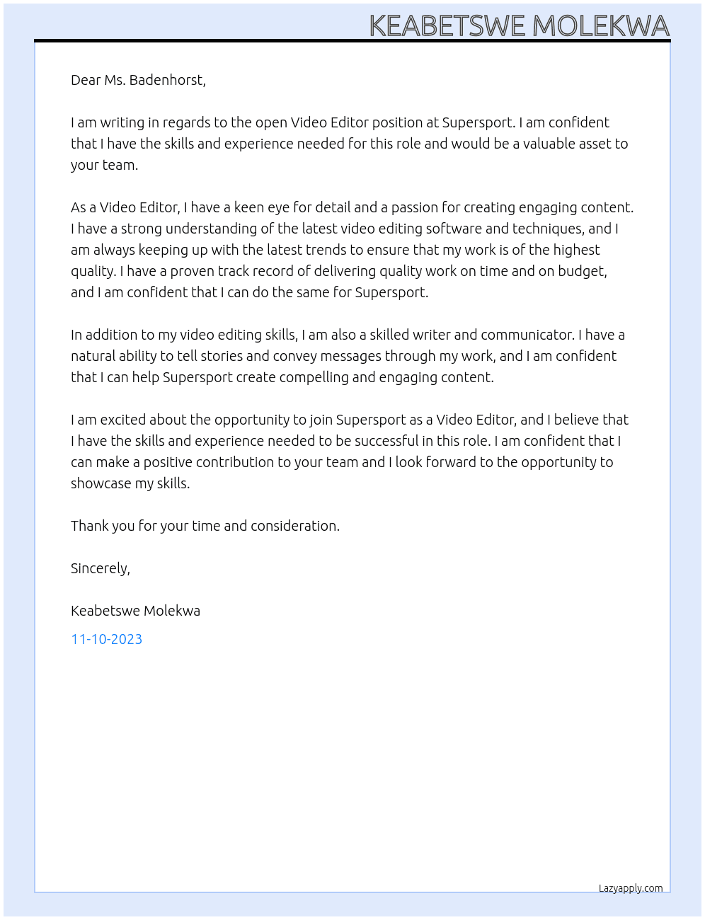 Video Editor At Supersport Cover Letter