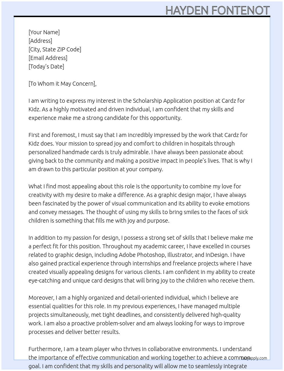 Scholarship Application At Cardz for Kidz Cover Letter