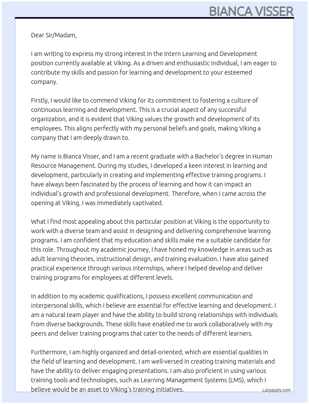 Intern Learning and Development At Viking Cover Letter