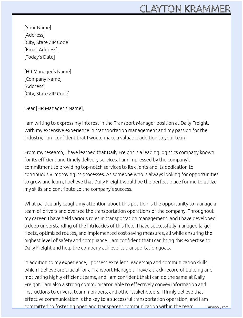 Transport manager At Daily Freight Cover Letter