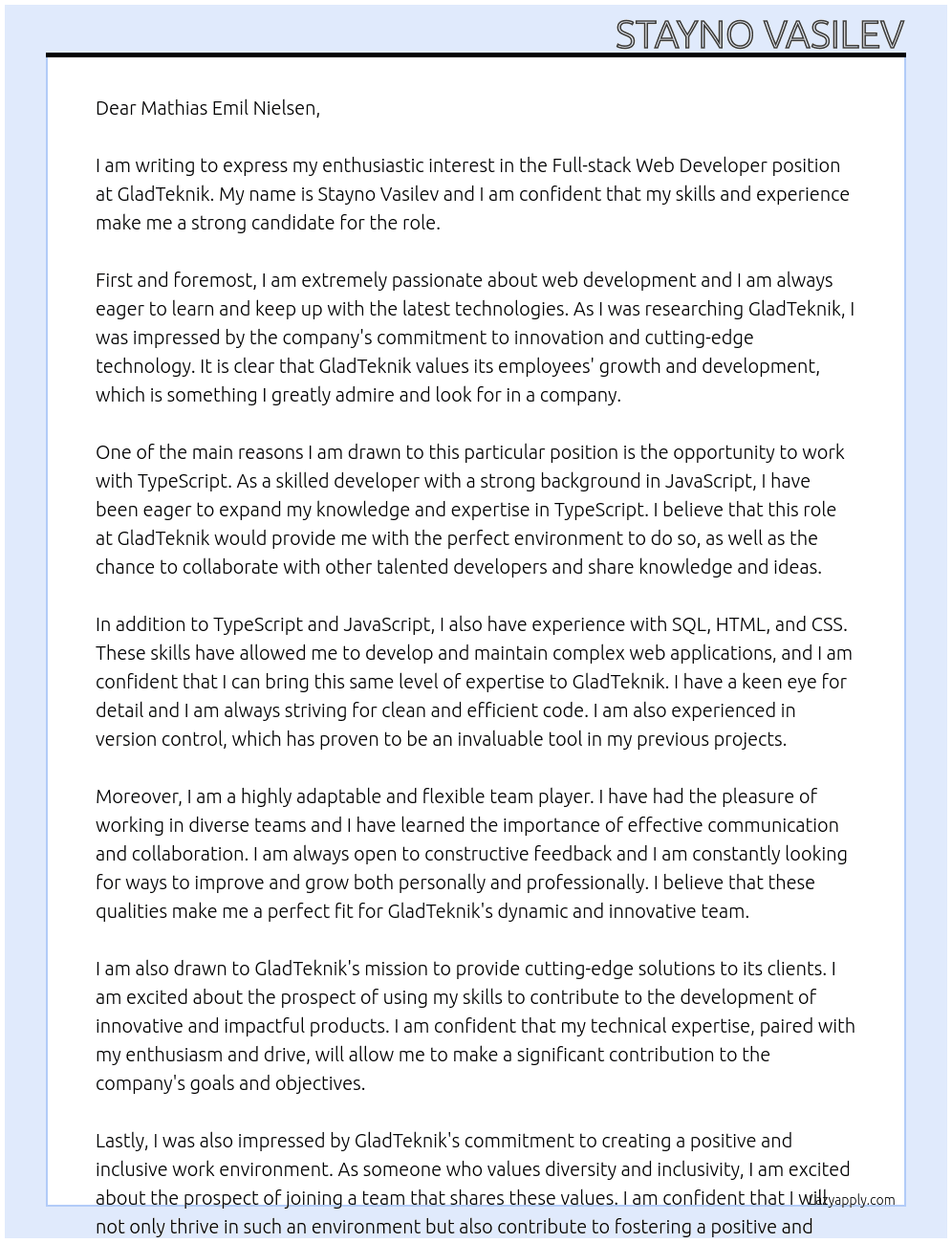 Full-stack web developer At GladTeknik Cover Letter