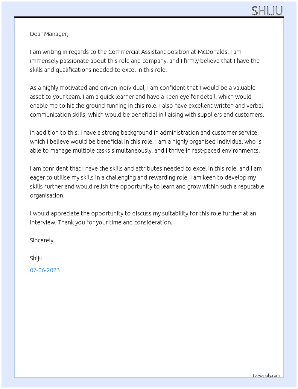 Commercial Assistant At Mcdonalds Cover Letter