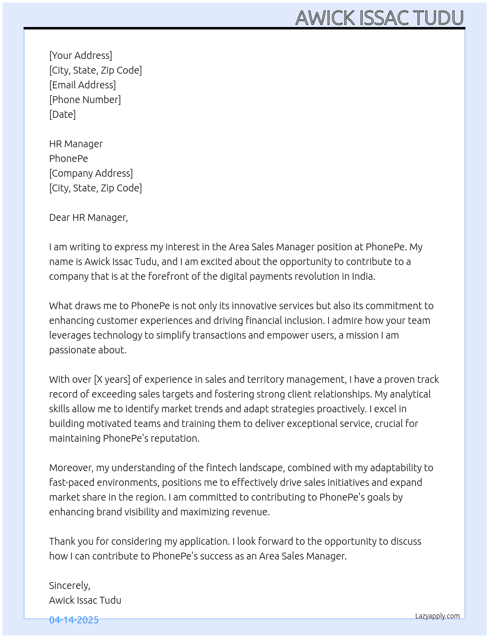 Area sales manager  At PhonePe  Cover Letter