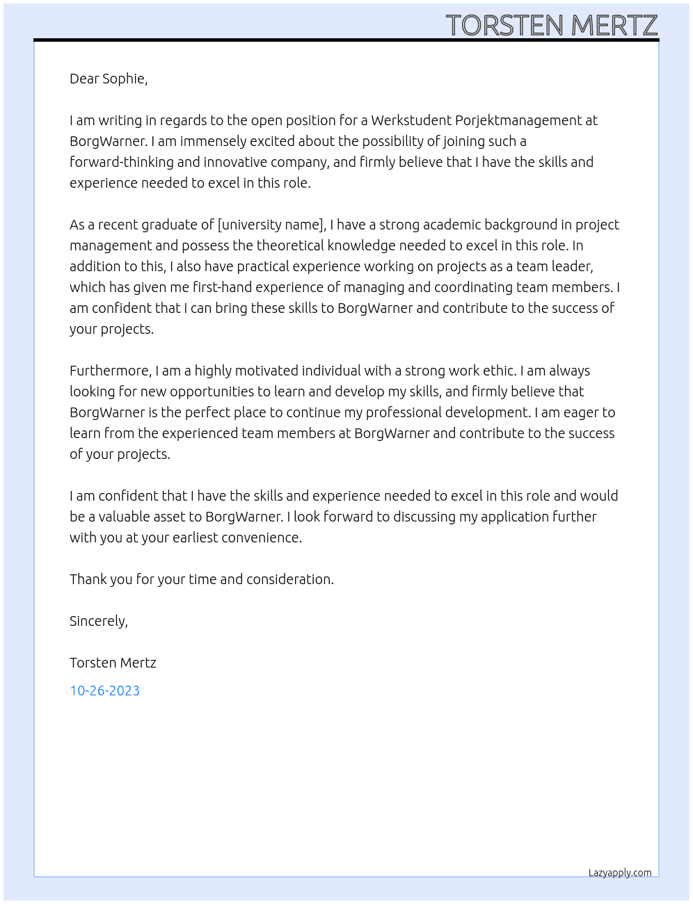 Werkstudent Porjektmanagement At BorgWarner Cover Letter