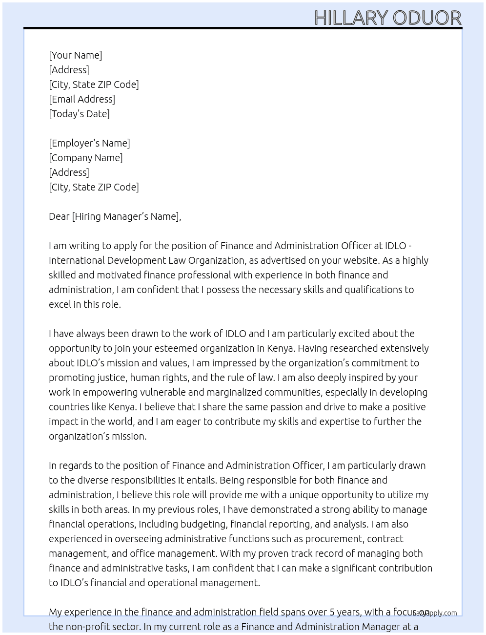 Finance and Administration Officer, Kenya At IDLO - International Development Law Organization  Cover Letter