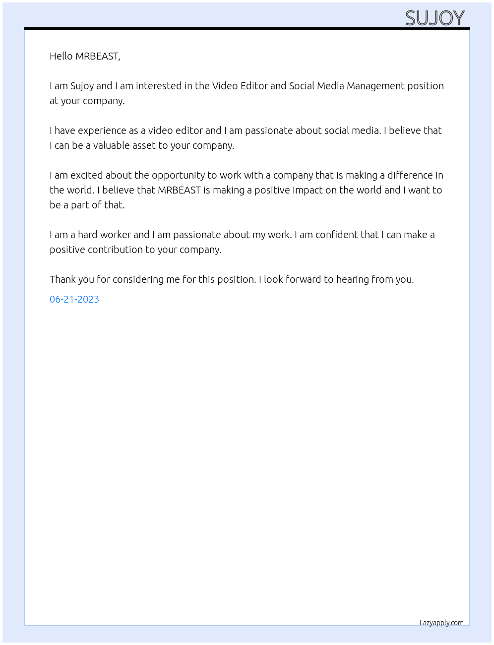 Video Editor, Social Media Management  At  MRBEAST Cover Letter