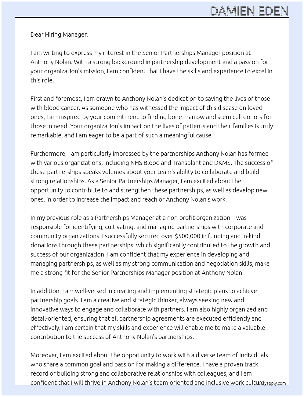 Senior Partnerships Manager At Anthony Nolan Cover Letter