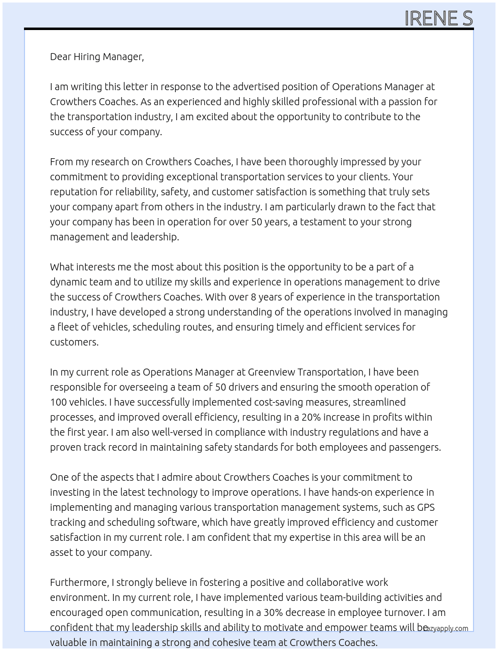 operations manager At Crowthers Coaches Cover Letter