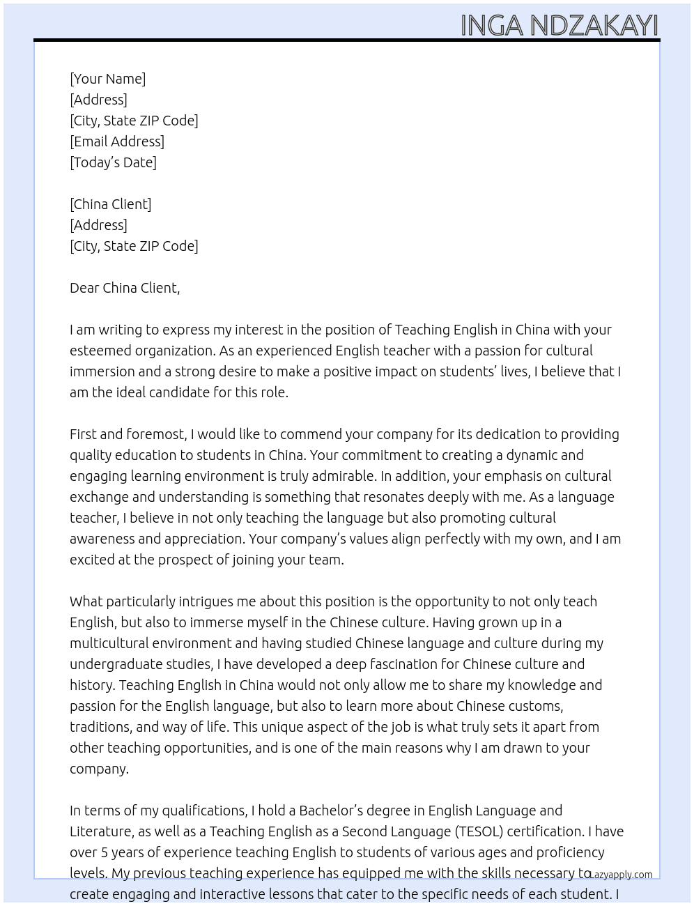 Cover letter for teaching english in china - LazyApply