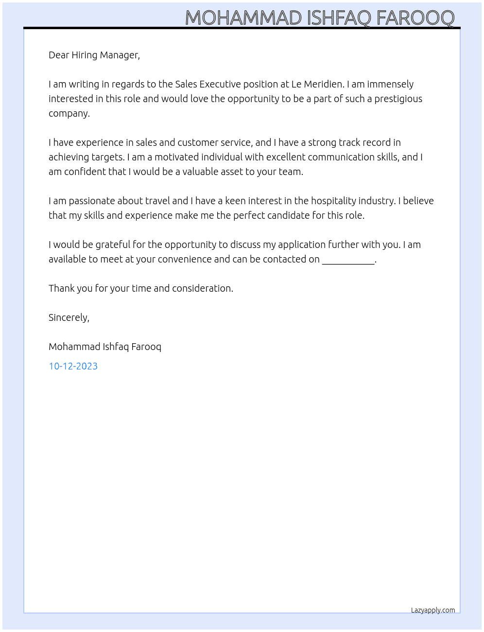 Sales executive  At Le Meridien  Cover Letter