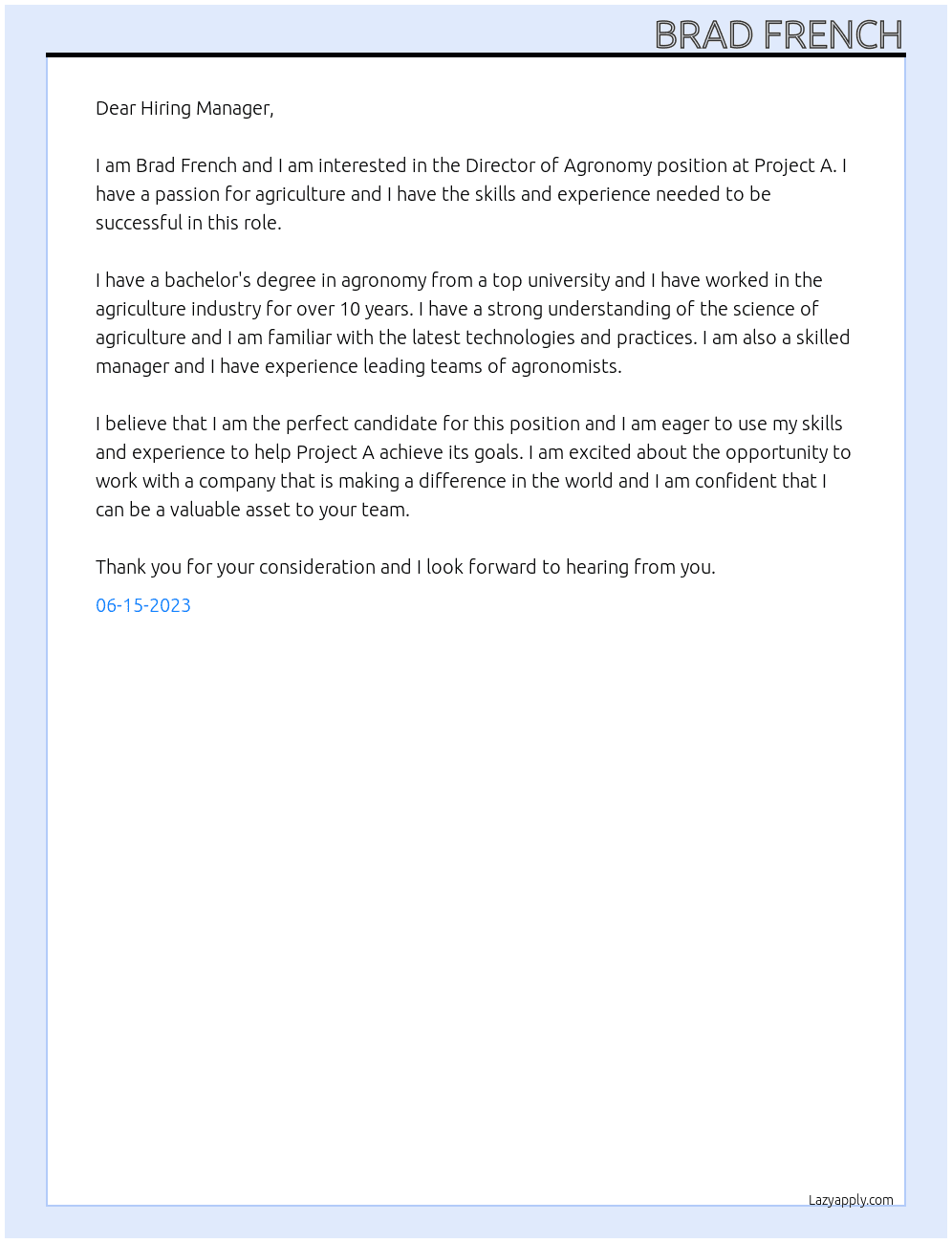 Director  of Agronomy At Project A Cover Letter