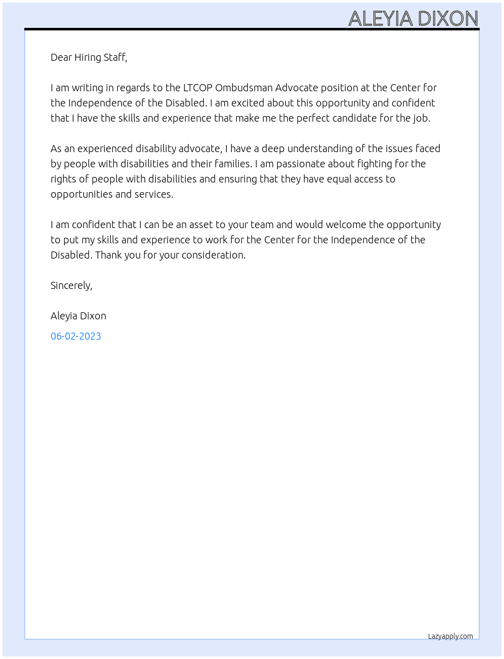LTCOP Ombudsman Advocate At Center for the Independence of the Disabled Cover Letter