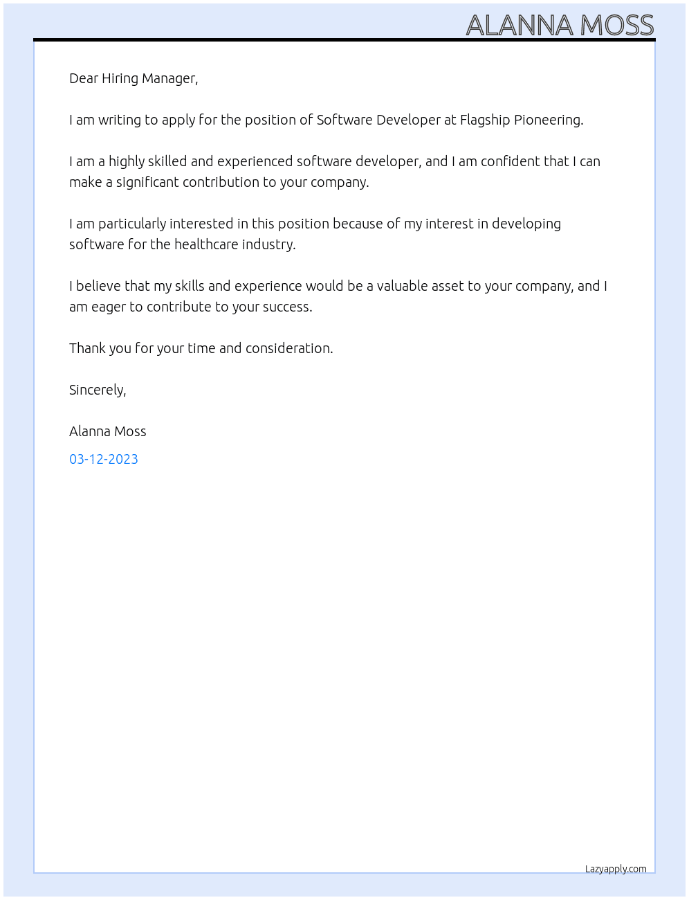 Software Developer At Flagship Pioneering Cover Letter