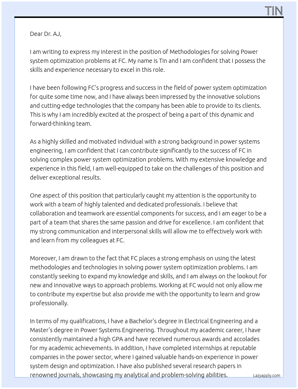 Methodologies for solving Power system optimization problems At FC Cover Letter