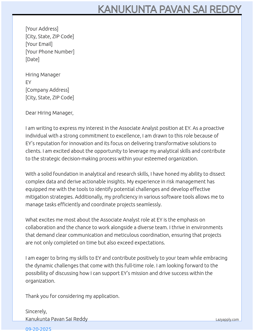 ASSOCIATE ANALYST At EY Cover Letter