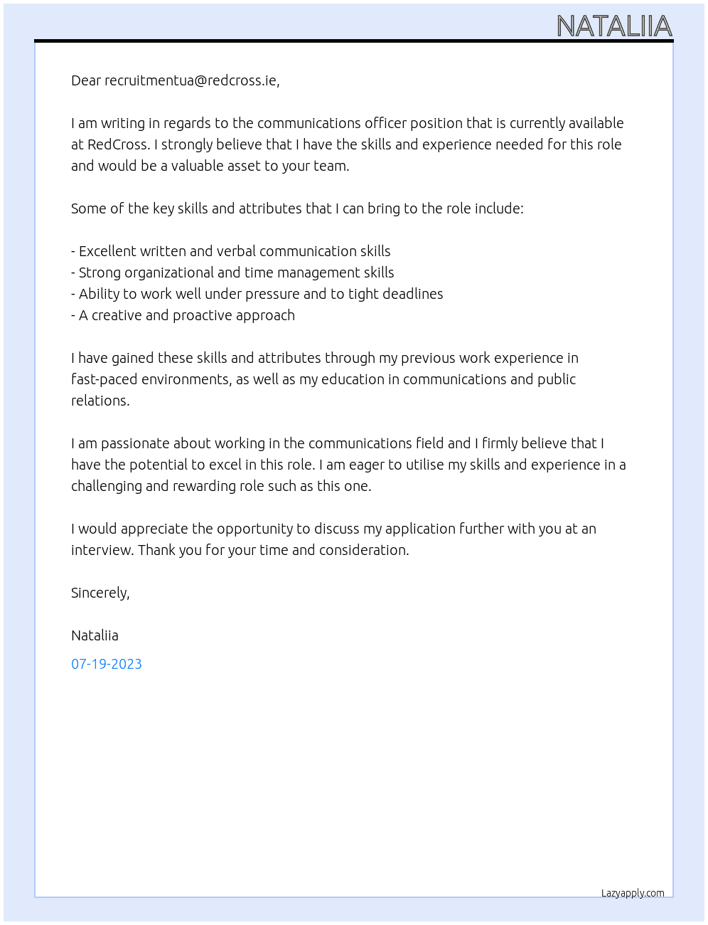communications officer At RedCross Cover Letter
