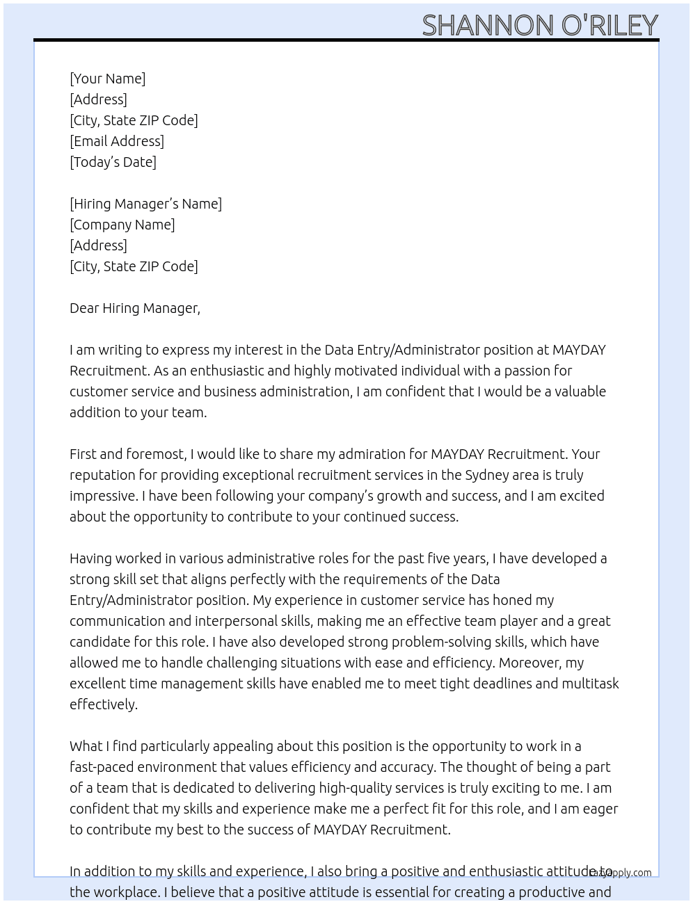 Data Entry/Administrator At MAYDAY Recuritment Cover Letter