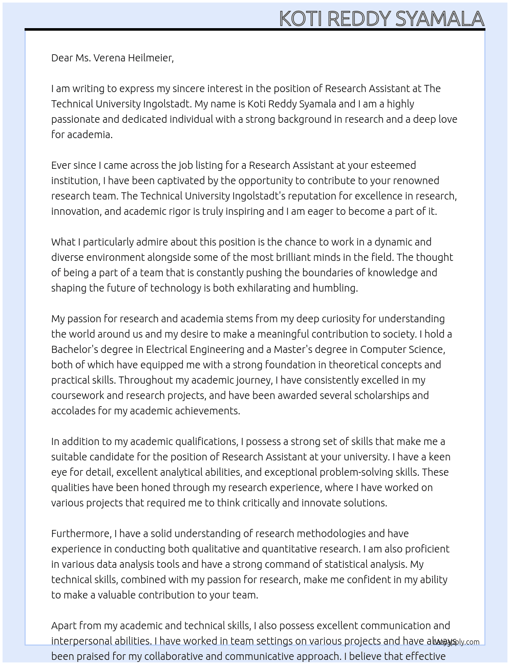 Research assistant At The Technical University Ingolstadt Cover Letter