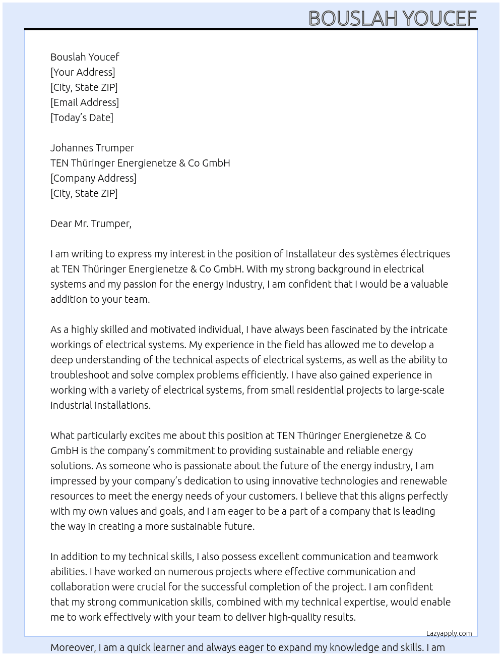 Installateur des systèmes électriques  At TEN Thüringer Energienetze & Co GmbH Cover Letter